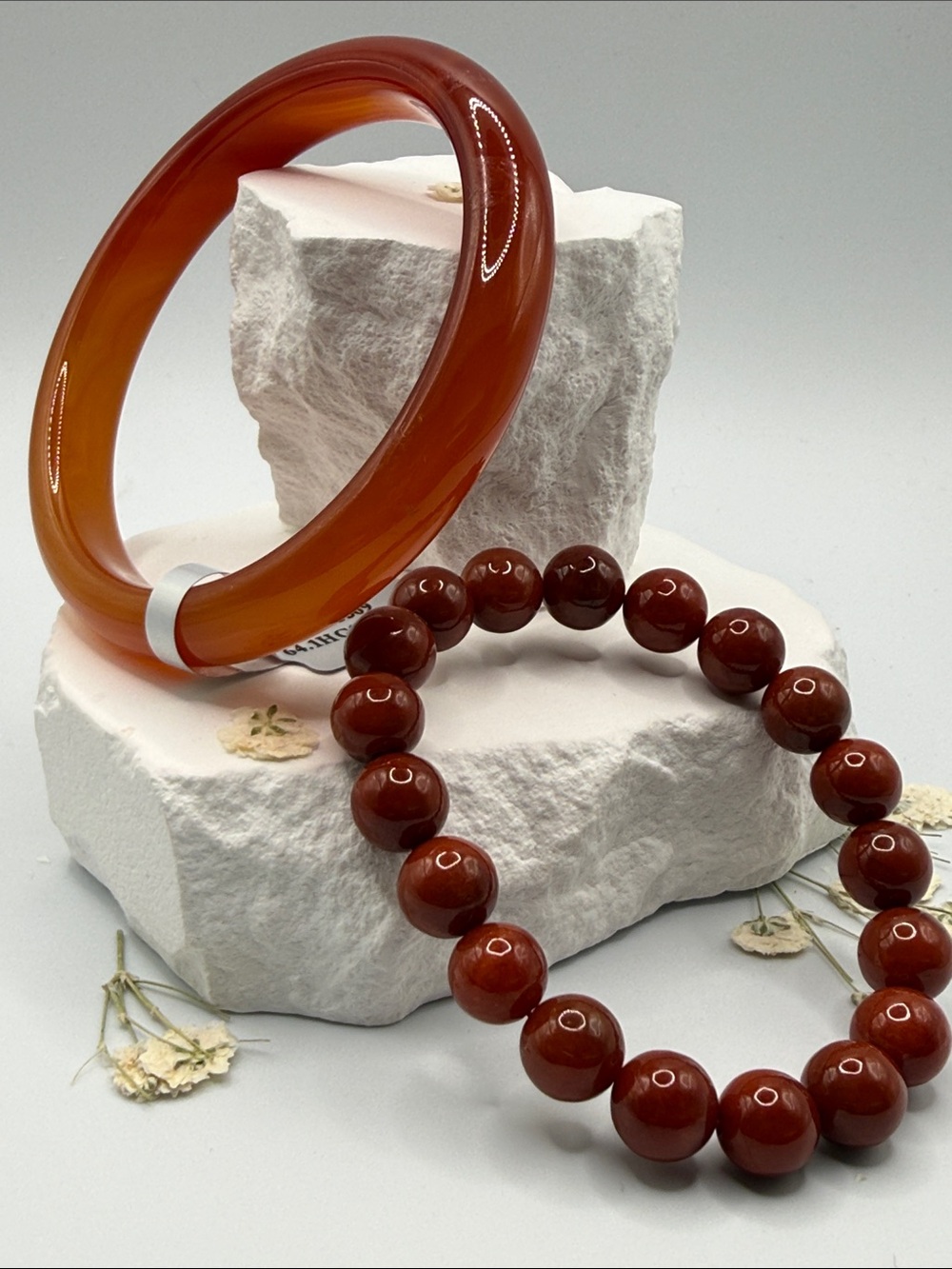 Red Agate Bangle and Red Jade Bead Bracelet Set - Elegant Women Jewelry